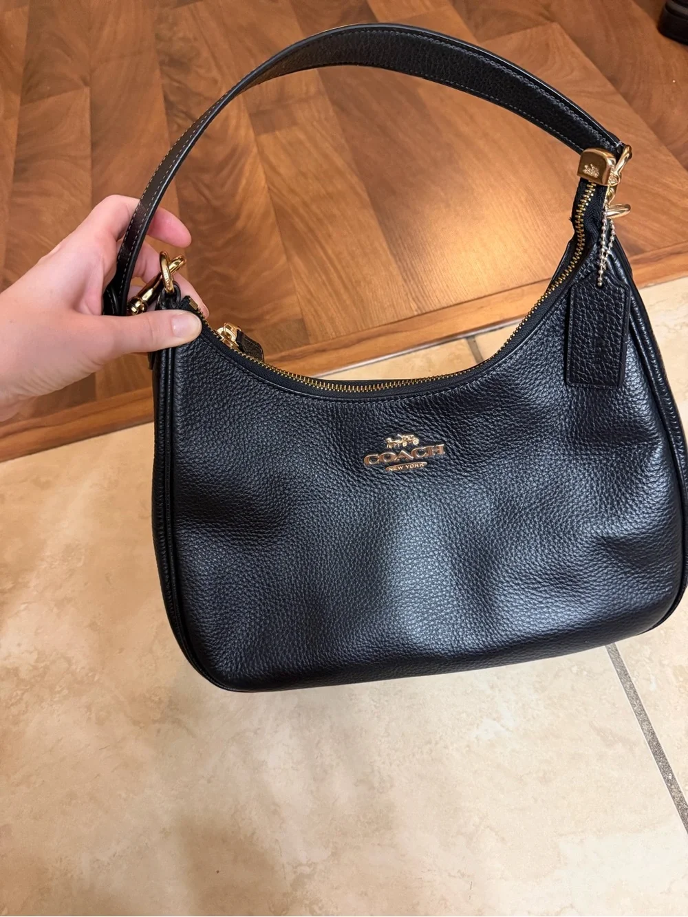 Coach Black Pebbled Leather Shoulder Hobo with Gold Hardware